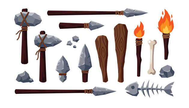 Prehistoric stone tools and caveman weapons collection vector illustration. Set of primitive items including hammer, spear, club, torch, bones.