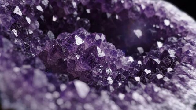 Closeup of amethyst geode showing sparkling purple crystal structure, a beautiful gemstone mineral.