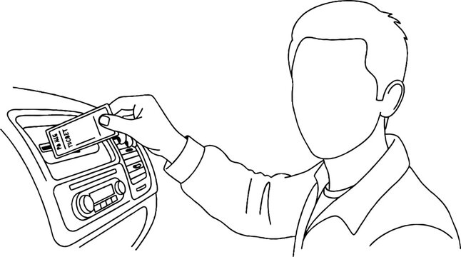 Person adjusting car radio controls while driving.