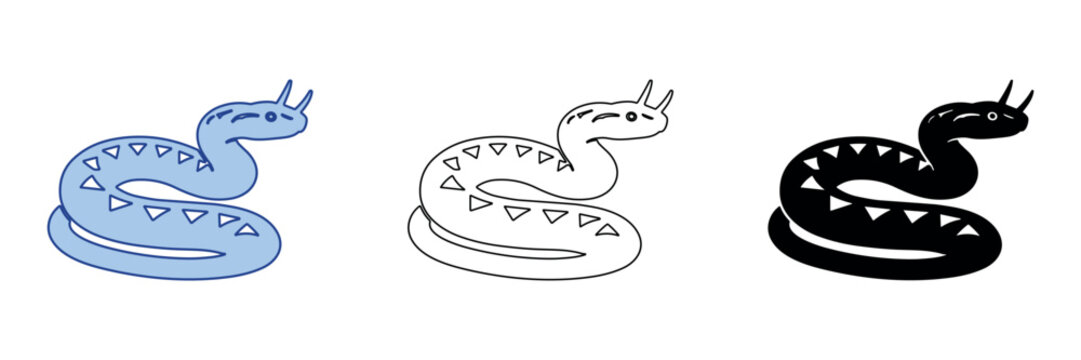 Stylized cartoon snake with triangular pattern and horns, presented in three variations