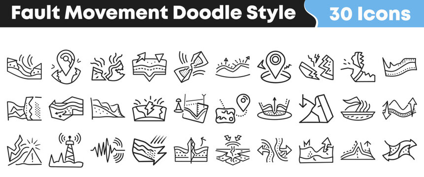 Set of thirty hand drawn fault movement icons for geology