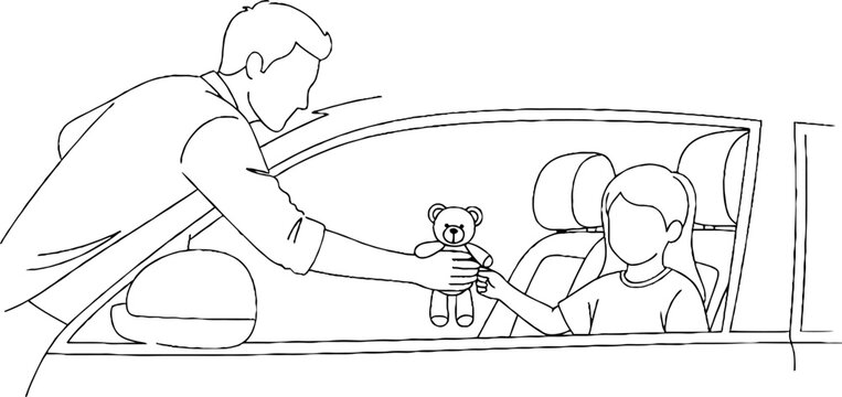 Father handing teddy bear to child in car.
