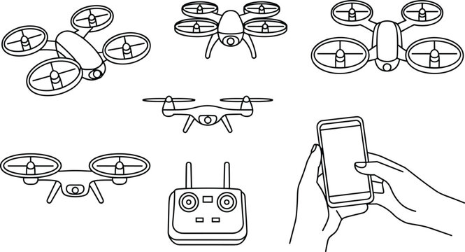 Drone vector line icon set with remote controller and hand holding smartphone for mobile app control concept