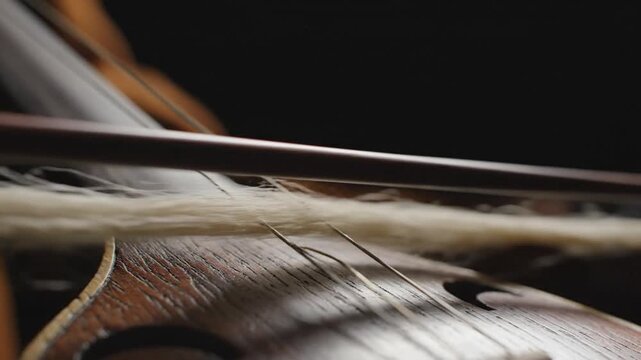 Cinematic close-ups of a cello being played. A hand draws the bow across the strings while fingers press against the fingerboard. The dark background emphasizes the instrument's wood texture.