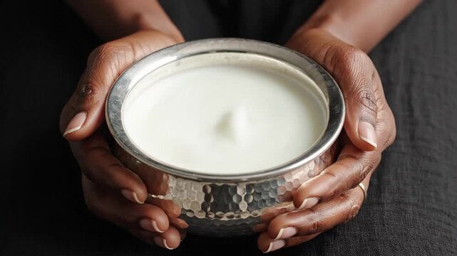 Hands hold a hammered silver bowl filled with creamy white liquid. Gentle ripples form as a drop falls into the milk, highlighting the textures of skin, metal, and liquid in high contrast.