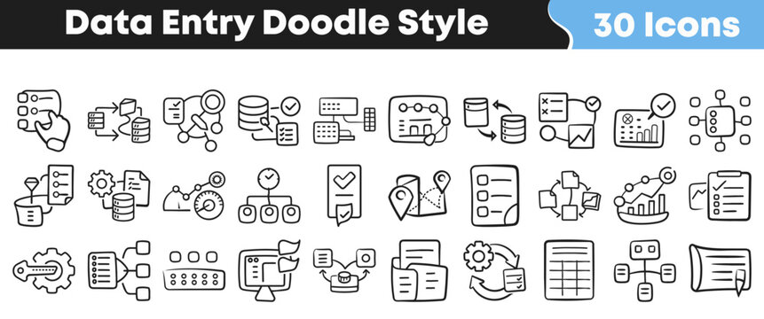 Hand drawn collection of thirty data entry and analytics icons