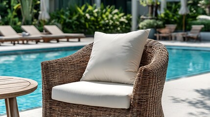 Fototapeta premium Wicker chair with white cushions by a swimming pool