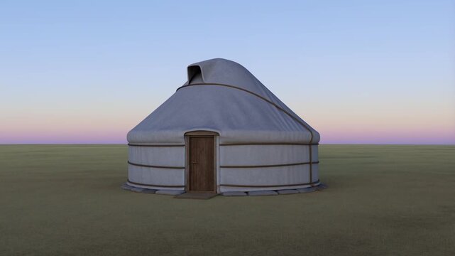 A serene time-lapse captures a traditional yurt standing alone in a vast, open landscape as the sky transitions through vibrant sunset hues to twilight.