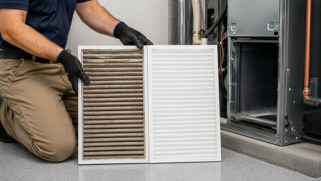Hvac technician replacing dirty air filter with clean one in residential furnace system. Professional home maintenance service for indoor air quality and comfort climate improvement.