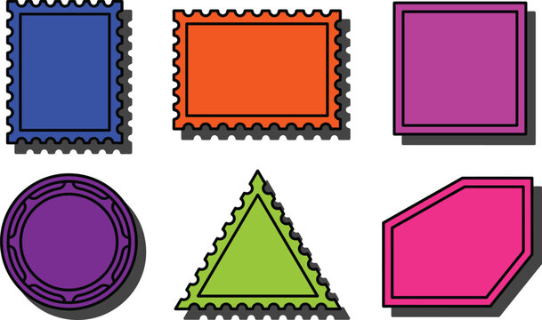 Blank Postage Stamp Template Set with Perforated Edges and Colorful Geometric Frames