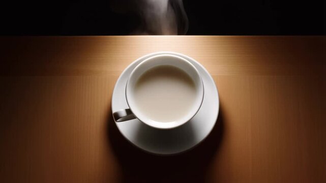 A white cup of steaming hot tea with milk sits on a saucer atop a wooden table. Dramatic overhead lighting illuminates the drink against a dark background as vapor swirls upward.
