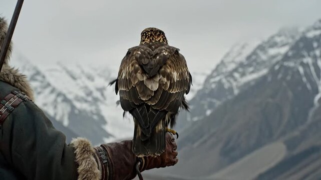 A majestic golden eagle ruffles its feathers and turns its head while perched on a hunter's gloved arm against a backdrop of snow-capped mountains.