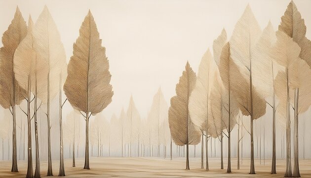 elegant hand painted mural wallpaper with serene ivory and beige landscape tall poplar trees with distinct crowns minimal details refined balanced composition timeless wall art