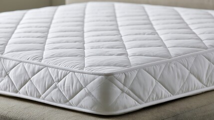 Fototapeta premium Close up of a clean white quilted mattress protector on a bed