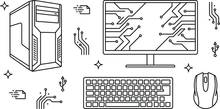 Desktop Computer Workstation PC Tower Monitor Keyboard Mouse Circuit Hardware Line Icon Set