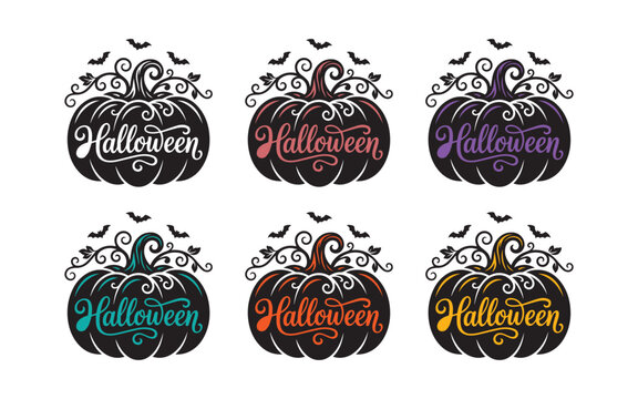 Halloween pumpkin logos with bats and leaves