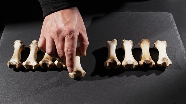 A hand carefully rearranges small animal bones on a dark slate surface. The dramatic lighting emphasizes the textures and shadows of the ancient game pieces or ritual objects.