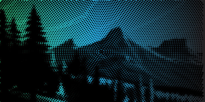 Abstract Silhouetted Wolves in Forest With Mountain Landscape Halftone Blue-Green Gradient Background