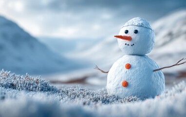 Obraz premium Snowman on Remote Scottish Highland Moor Surrounded by Heather and Snow