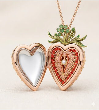 Luxury Strawberry Heart Locket Necklace with Botanical Design