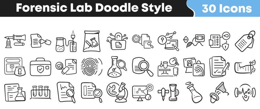 Hand drawn collection of thirty different black forensic science icons
