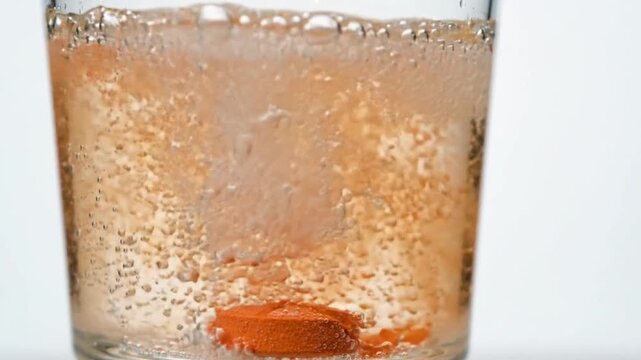 Effervescent orange tablet dissolving in a clear glass of water, creating bubbles and fizz, illustrating health and medicine