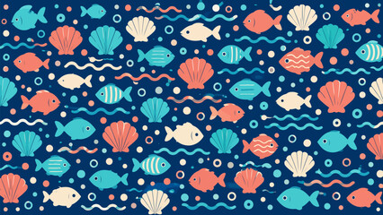 Fototapeta premium Oceanic Collage: A vibrant and playful composition of colorful fish and seashells scattered across a deep blue ocean background, creating a lively underwater scene.