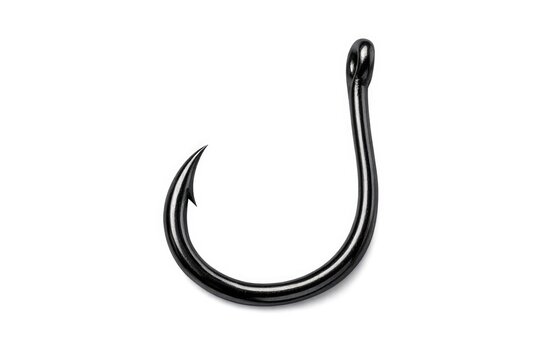A black fishing hook on a clean white surface