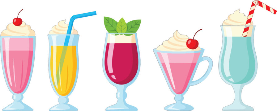 Four colorful milkshake drinks are displayed in elegant glasses.