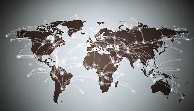 Global network connections across world map showing international business and communication links.