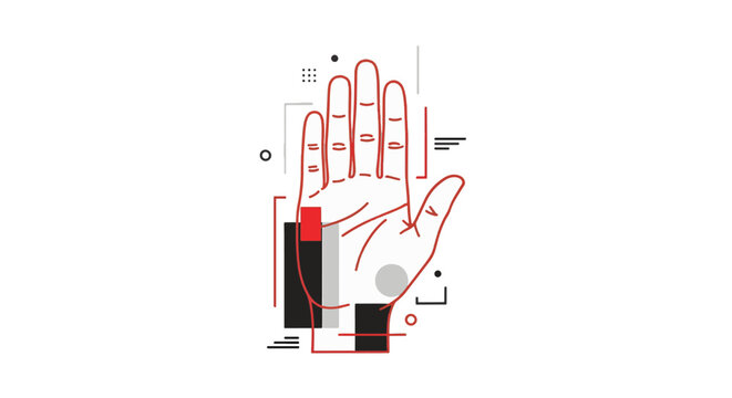 Minimalist linear illustration of a human hand palm with red outlines and abstract geometric shapes, technical drawing with black and grey rectangles on white background.
