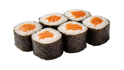 Six salmon maki rolls with white rice and nori seaweed, isolated on transparent background © Panciuc