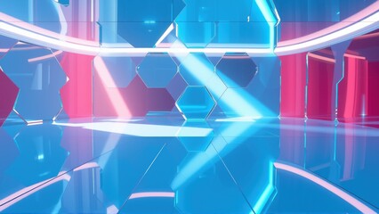 Fototapeta premium Futuristic corridor. Bright neon lights illuminate hexagonal patterns, reflections abound. Minimalist design creates immersive space.