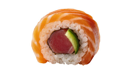 Fresh salmon and tuna sushi roll with cucumber slice, isolated on transparent background © Panciuc