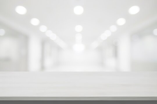 A clean, white wooden table surface in the foreground, with a blurred, bright, and spacious interior office or hallway background, featuring soft bokeh, lighting effects