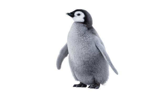 Fluffy grey emperor penguin chick standing, isolated on transparent background