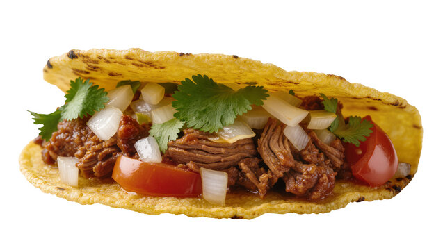 Savory shredded beef taco with diced onions tomatoes and cilantro, isolated on transparent background