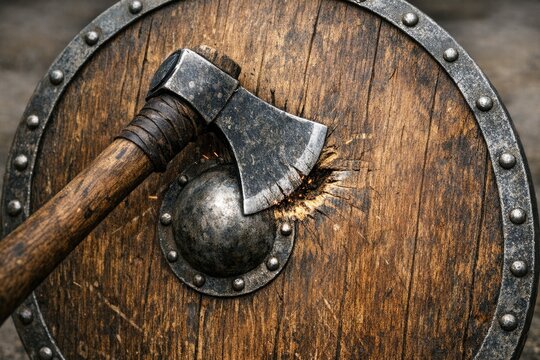 A wooden shield featuring an axe stuck in it, perfect for medieval or fantasy settings