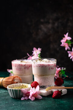 Strawberry matcha latte smoothie cocktail
