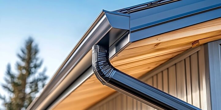 Black gutter system installed on a wooden house with clear sky in background.