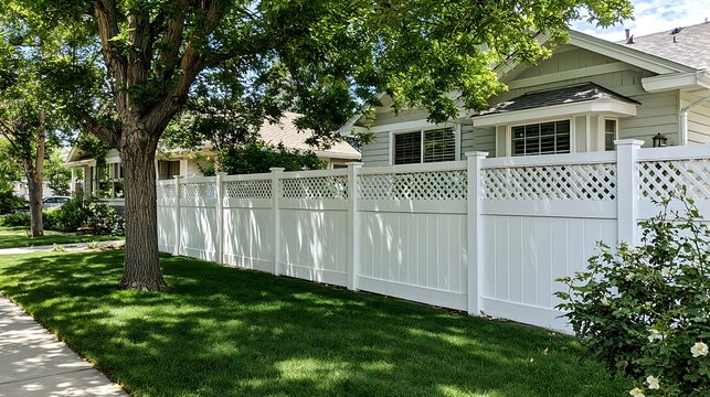 White vinyl fence with lattice top in residential neighborhood