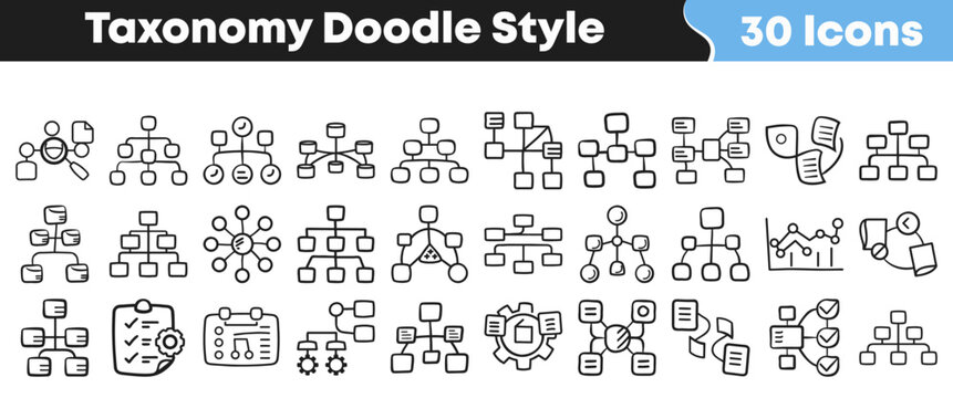 Hand drawn black and white taxonomy doodle style icon set