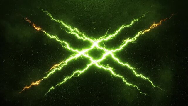 Green and orange electric lightning bolts form an 'X' shape dynamically on a dark background, showing a powerful energy surge.