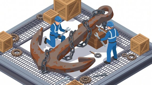 Isometric illustration of shipbuilders securing a giant heavy metal ship anchor