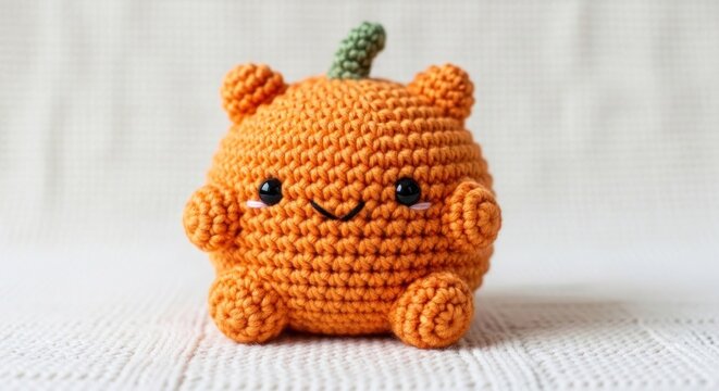 Small orange crocheted pumpkin amigurumi character toy.