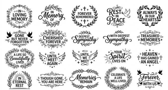 In Loving Memory Memorial Calligraphy Typography Vector Collection with Floral Frames