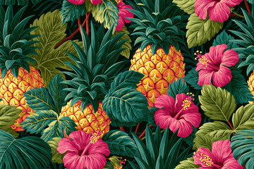 Fototapeta premium Tropical pineapple hibiscus seamless pattern
