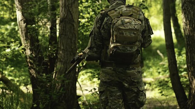 Camouflaged soldier in the middle of a dark forest on a recon mission. Walking and carrying a AR-15 carbine rifle with a red collimator and a magnifier