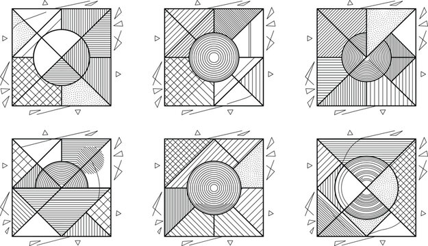 Abstract Geometric Line Art Pattern Set with Monochrome Square Textured Graphic Ornament Elements