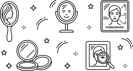 Fototapeta premium Smart Mirror and Digital Skin Analysis Beauty Diagnostic Application Outline Line Icon Set